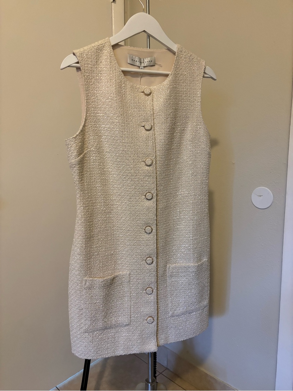 Endless Rose Ivory Tweed Sleeveless Button-Front Shift Dress